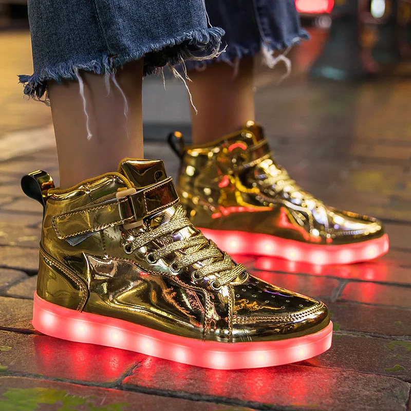 

Brand Kids High-tops Lights Up Shoes USB Charger Basket LED Children Shoes Trendy Kids Luminous Sneakers Sports Tennis Shoes