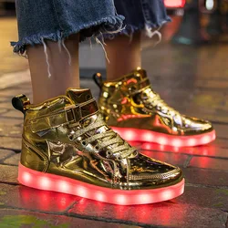 Zapatillas deportivas de tenis para niños, zapatos de marca con luces altas, cesta con cargador USB, LED, luminosas, a la moda