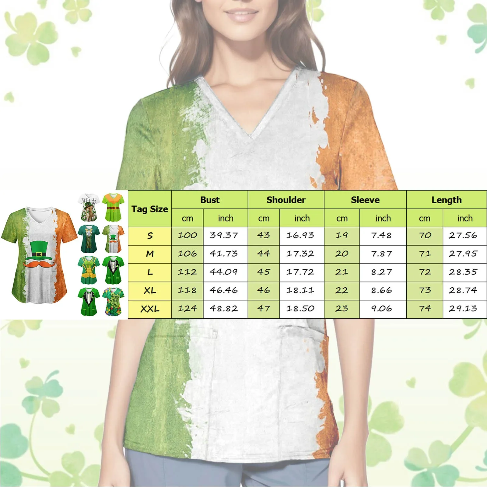 St Pat\'s Scrubs Medical Uniforms Workwear Women Casual V Neck Short Sleeve Tops Blouse Printed Working Nursing Uniform