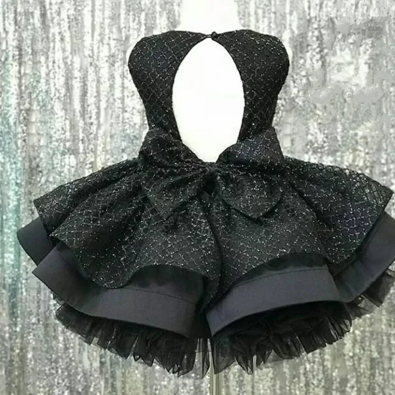 Black Flower Girl Dress Sleeveless Backless O-Neck Knee-Length Children Kids Girl Wedding Birthday Holiday Party Ball Gown