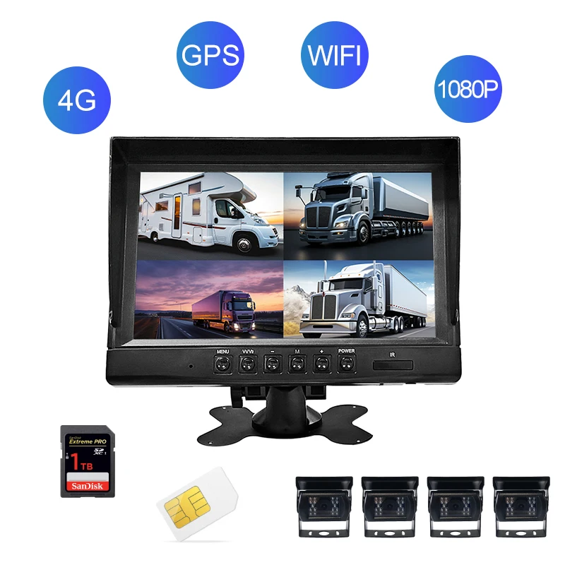 4ch 9inch screen  split  truck monitor 4g wifi gps  car reversing aid  Backup Camera  car Split screen truck Monitor