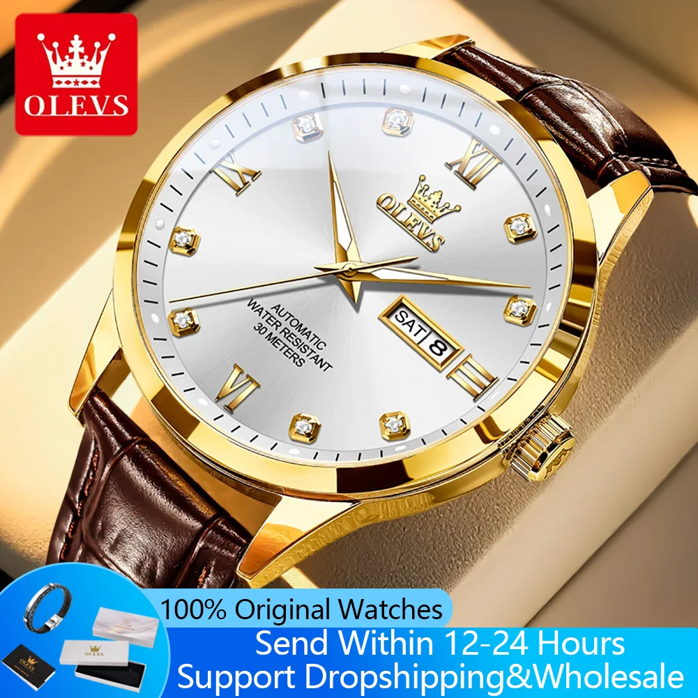 OLEVS 9946 Hot Sale Watches for Men Fashion Elegant Leather Strap Diamond Roman Scale Automatic Mechanical Men's Wrist Watches
