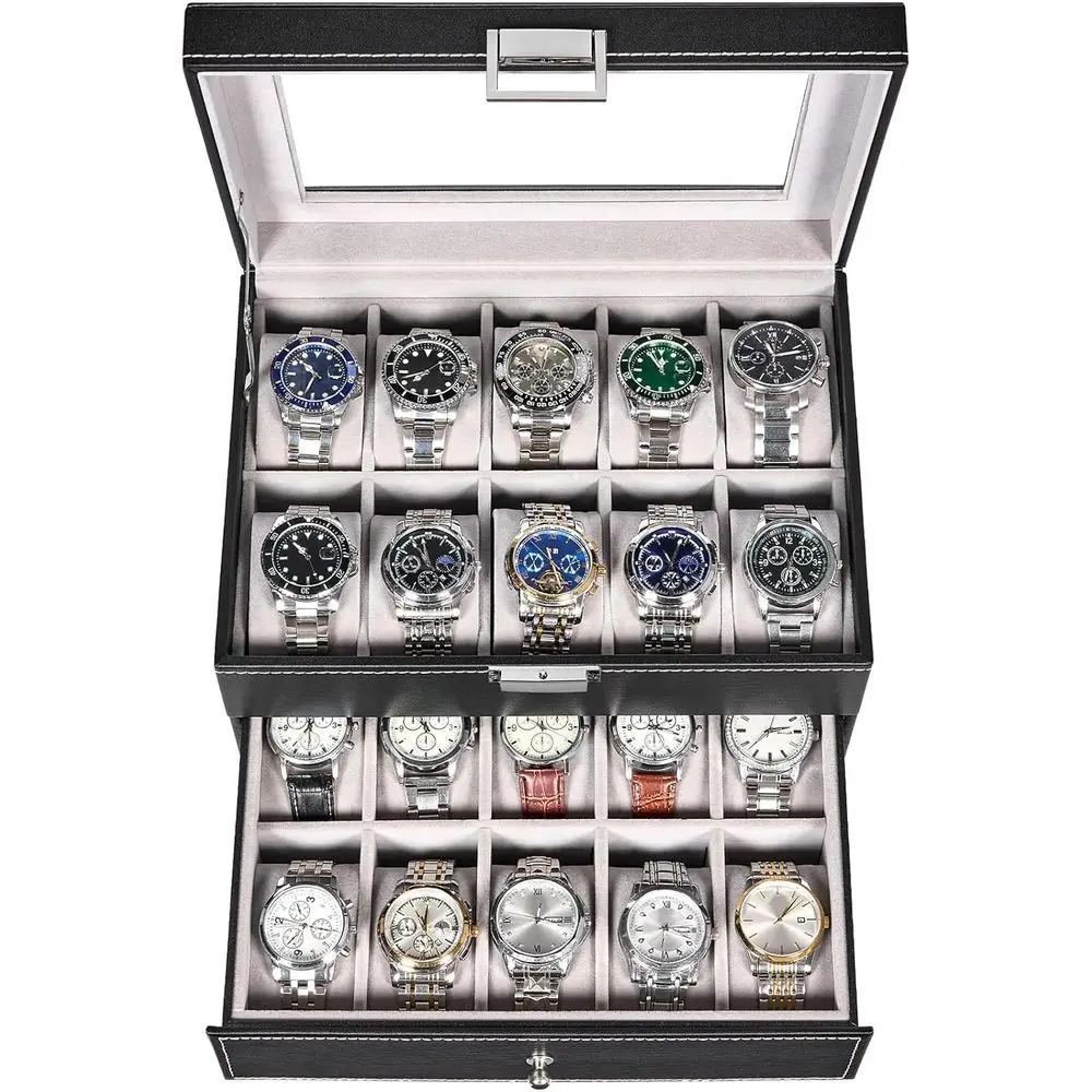 20-Slot Watch Box Organizer for Men with Large Glass Lid, Removable Watch Pillows, Watch Travel Case, Men's Jewelry Box, Watch D