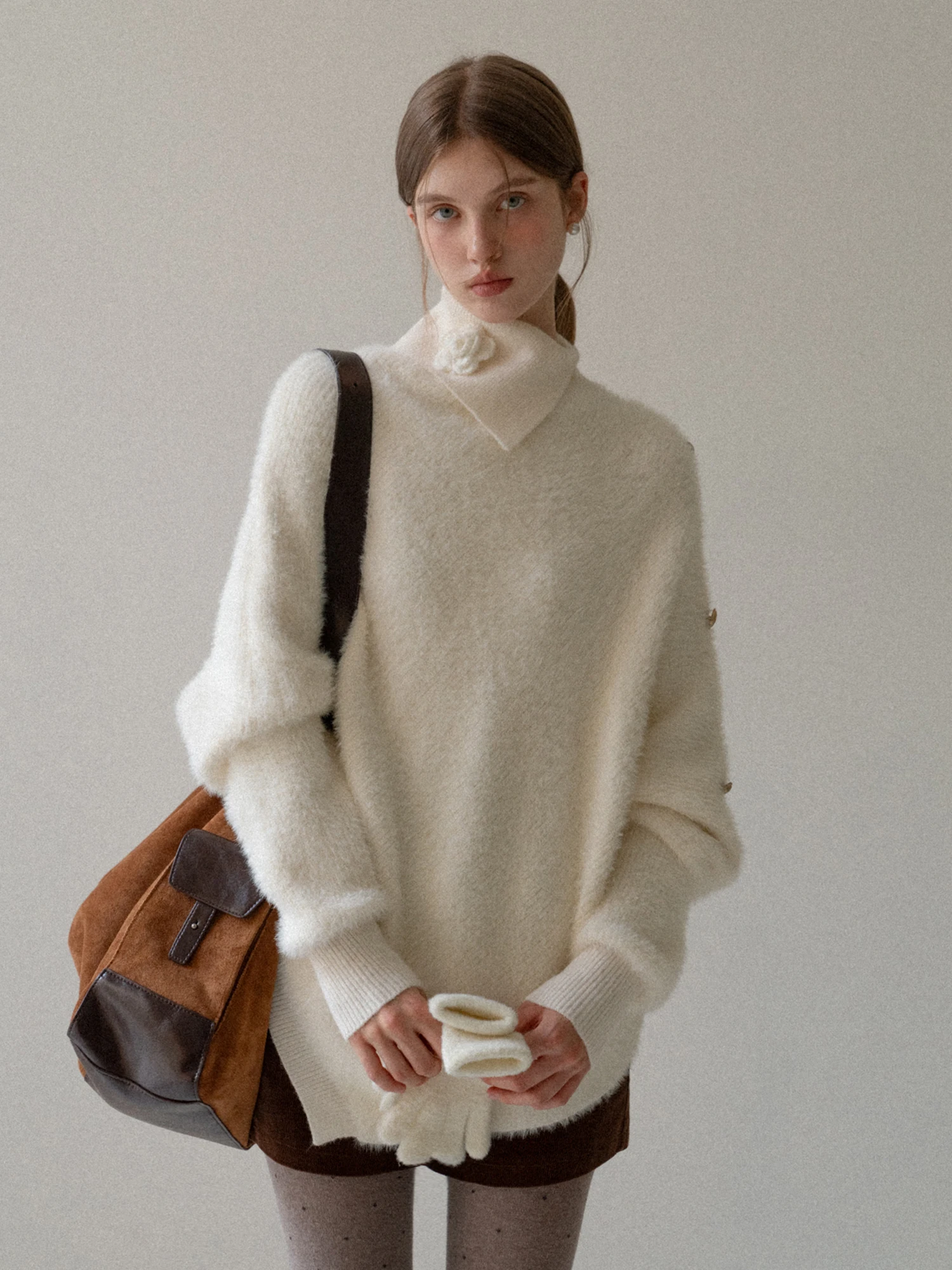 

Elegant White Fur Knitted Sweater High Collar Loose Fit Autumn Top French Style Soft Acrylic Nylon Polyester Blend Long S...