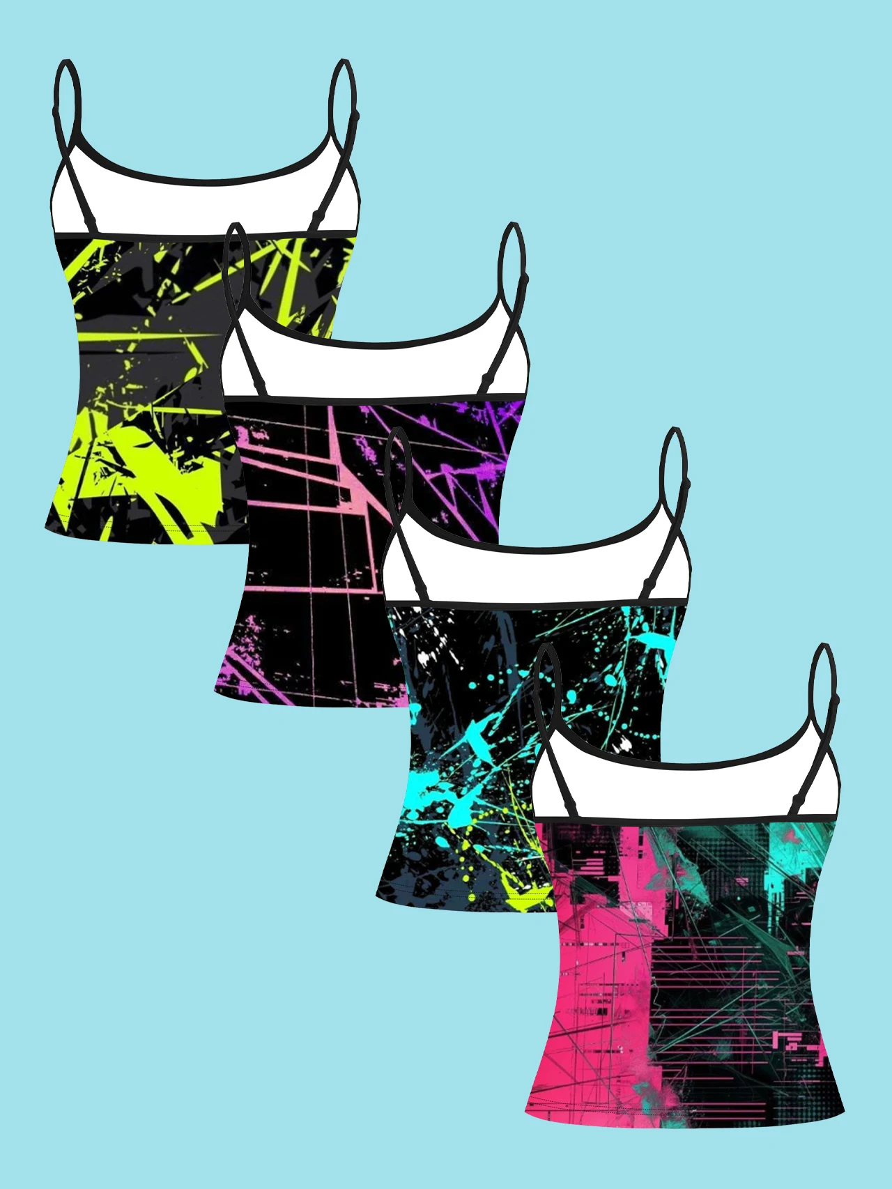 4-Piece Set of Cyberpunk Ink-Splattered Graffiti Women's Camisoles, Color-Blocking Fluorescent Lines Abstract Art Print Slim-Fit Spaghetti Strap Short Camisole Tops