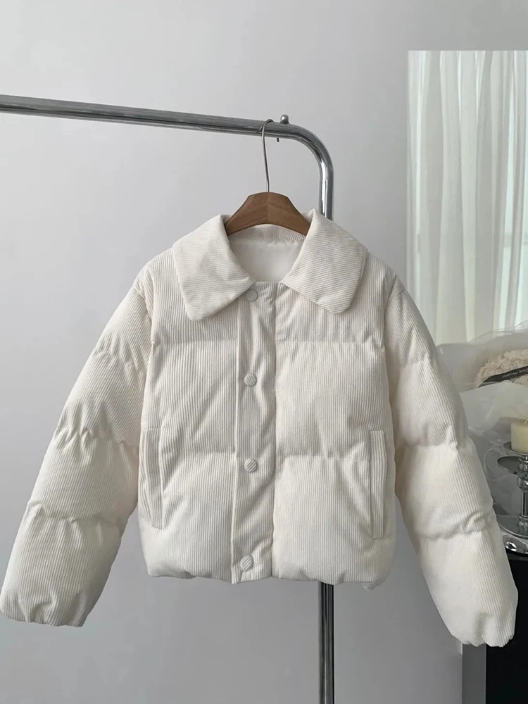 

Zoki Retro Corduroy Cotton Parkas Women Winter Long Sleeve Sweet Short Coat Korean Thick Warm Pockets Lady Solid Vintage Outwear