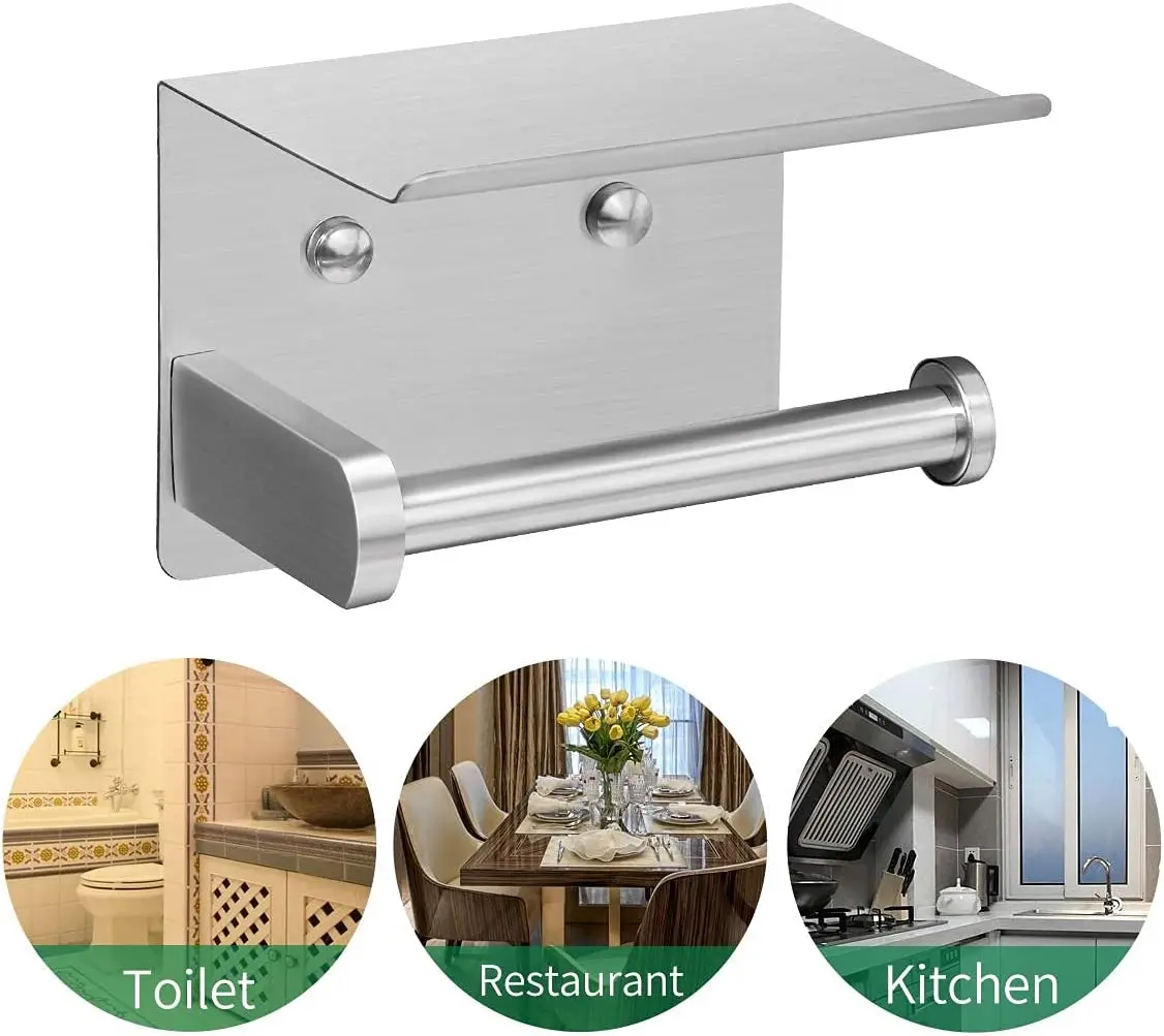 304 Stainless Steel Tissue Shelf No Drilling Self Adhesive Toilet Paper Holder Wall Mounted Bathroom Washroom Tissue Roll Holder