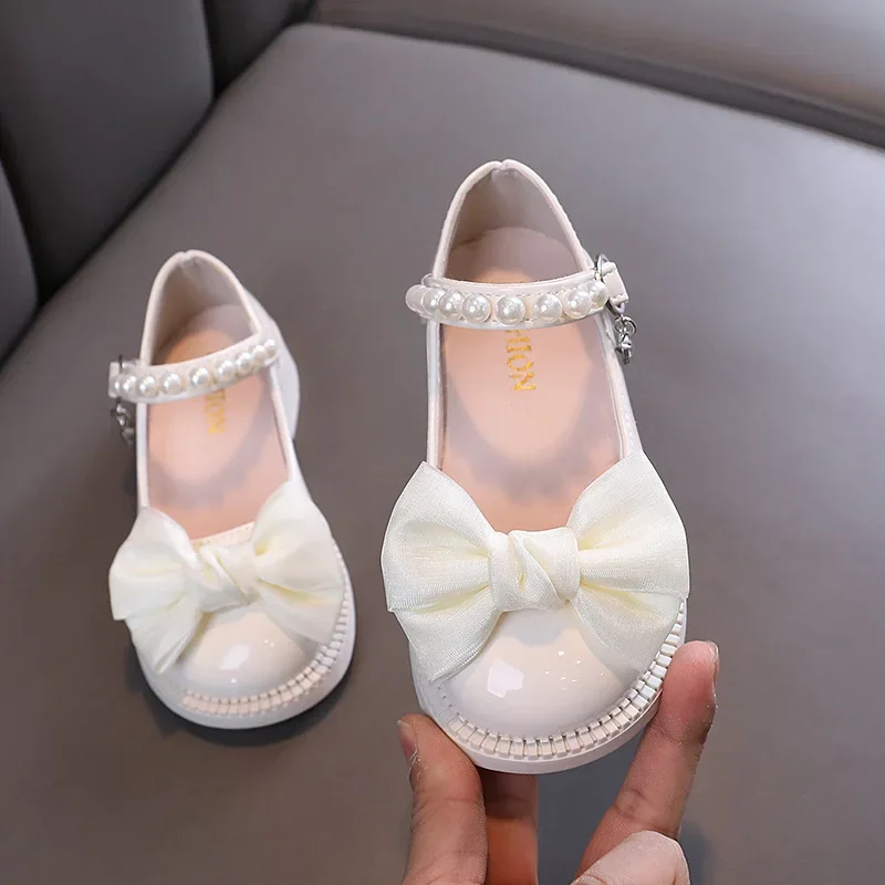 New Children\'s Leather Shoes Fashion Girls Party Shoes Sweet Bowtie Kids Princess Causal Pearl Ballet Performance Dress Shoes