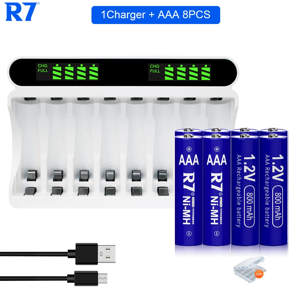 

R7 8pcs 1.2V NiMh AAA battery 800mAh rechargeable aaa batteries with 8 Slots 1.2V AA/AAA Fast Charger