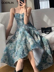 QOERLIN Midi Dress Y2k Summer Spring Fashion Design Women High Street Vintage Flowers Print Sleeveless A-Line Elegant Dress
