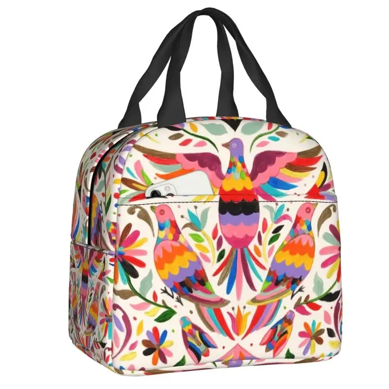 Mexican Otomi Fabric Mexico Art Thermal Insulated Lunch Bag Flowers Mexico Resuable Lunch Tote for Outdoor Travel Food Box