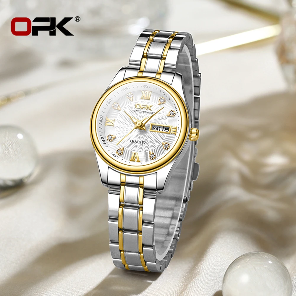 OPK 8103 Elegant Women\'s Watch Top Luxury Stainless Steel Date Week Watch Fashion Waterproof Luminous Women\'s Watch Reloj Mujer