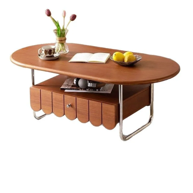 

Imported rubber wood oval solid wood coffee table retro household small edge small apartment drawer storage storage table tea