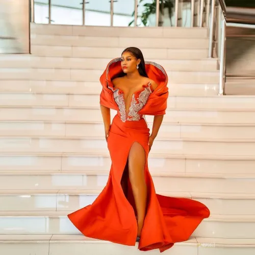 New Designer Mermaid Prom Dresses Aso Ebi Style Plus Size Side   Slit With Train Orange Beaded Women Evening Dressing Gowns