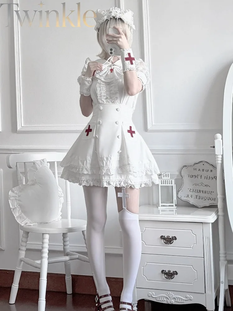 Medical Style Outfit Set Women Japanese Subculture Short Sleeve Kawaii Idol Performance Costume, Gothic Cosplay Fashion