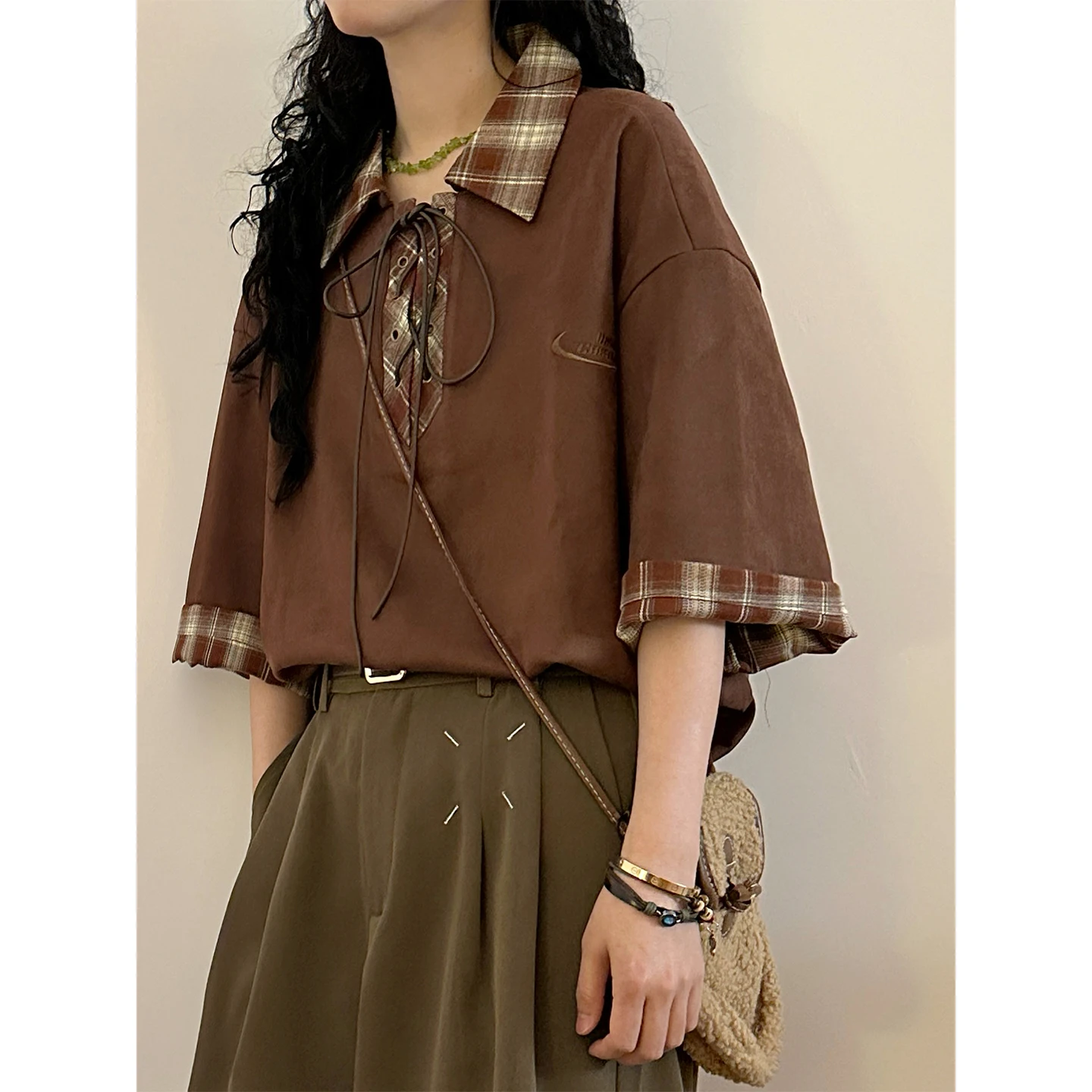 

Casual Loose Short Sleeve Shirt Vintage Hong Kong Style Patchwork Belted Men's Women's Trendy Summer BUNACC2026 Plaid Shirt