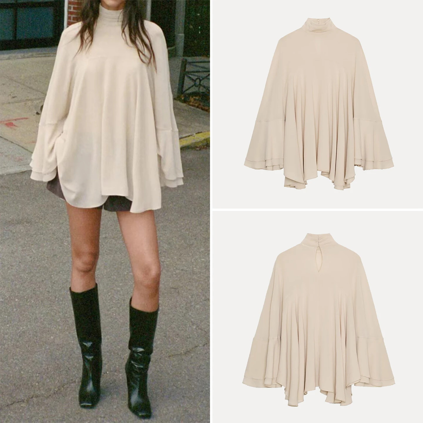 

Z Women's Faion Georgette Layered Decorative Top 2025 New Sle Loose Fit Long Sve High Collar Mid-Length irt