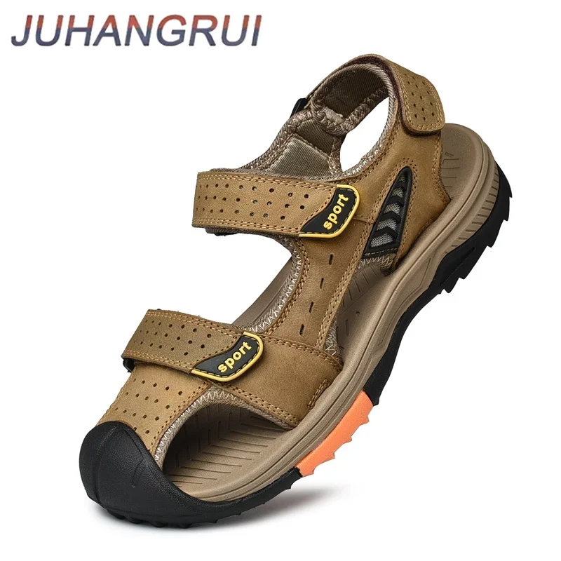 Men's Beach Shoes 2025 New Summer Genuine Leather Sandals Outdoor Casual Hollow out Breathable Two-Way Slip-On Clogs Large Size