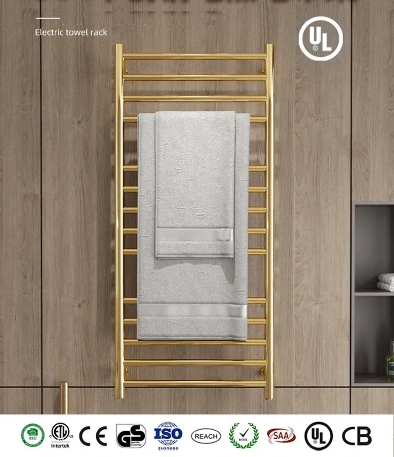 

2024 New Luxury Gold Heated Towel Warmer Hidden Wire Installation 110V/220V High Quality 304 Stainless Steel Electric Towel Rack