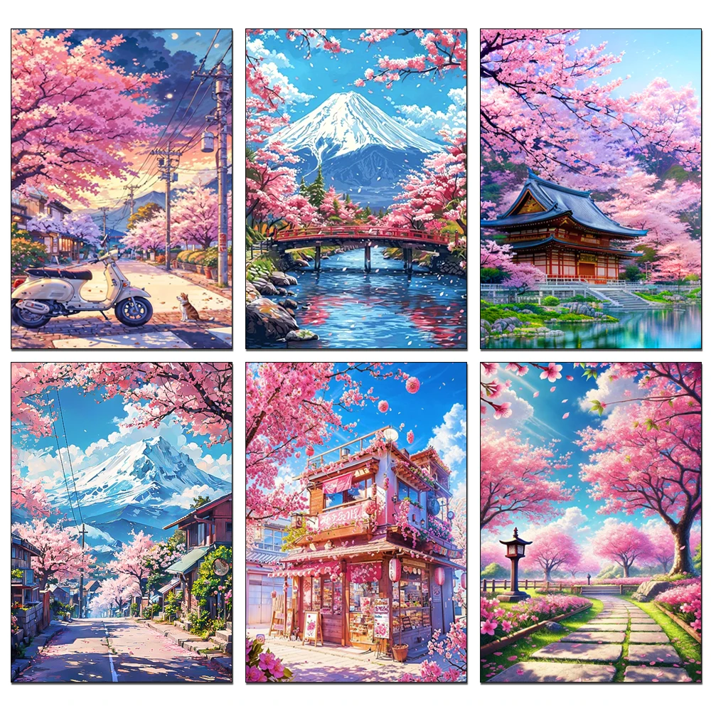 unframe 5D Diamond Painting Landscape Cherry Blossoms and Mount Fuji Scene Diamond Mosaic DIY Craft Set Home Wall Decor Adult Be