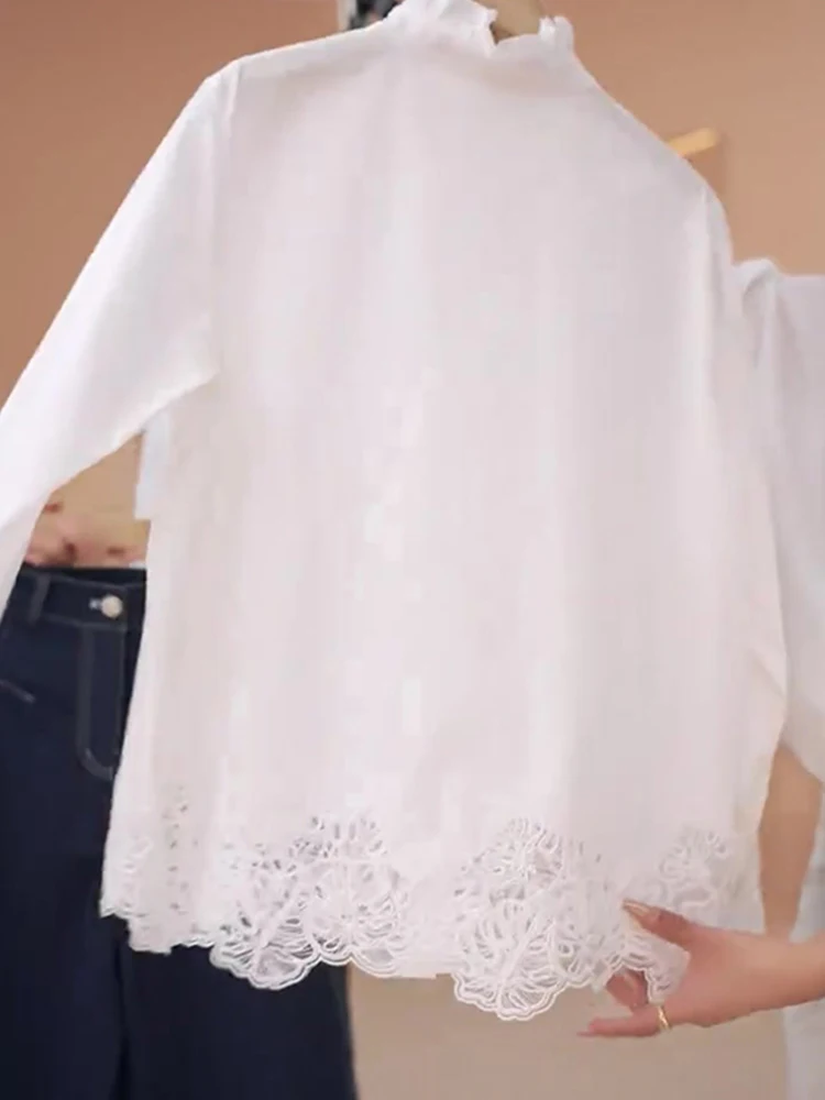 Ele Lace Splice Long Sve irt Damen Faionable Frühherbst-Design Einfaches, bequemes Oberteil, gerader Schnitt, reine Farbe