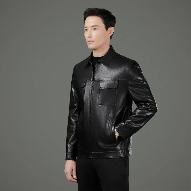 Spring and autumn new Haining men's leather jacket fashion casual plus velvet lapel coat genuine leather leather jacket