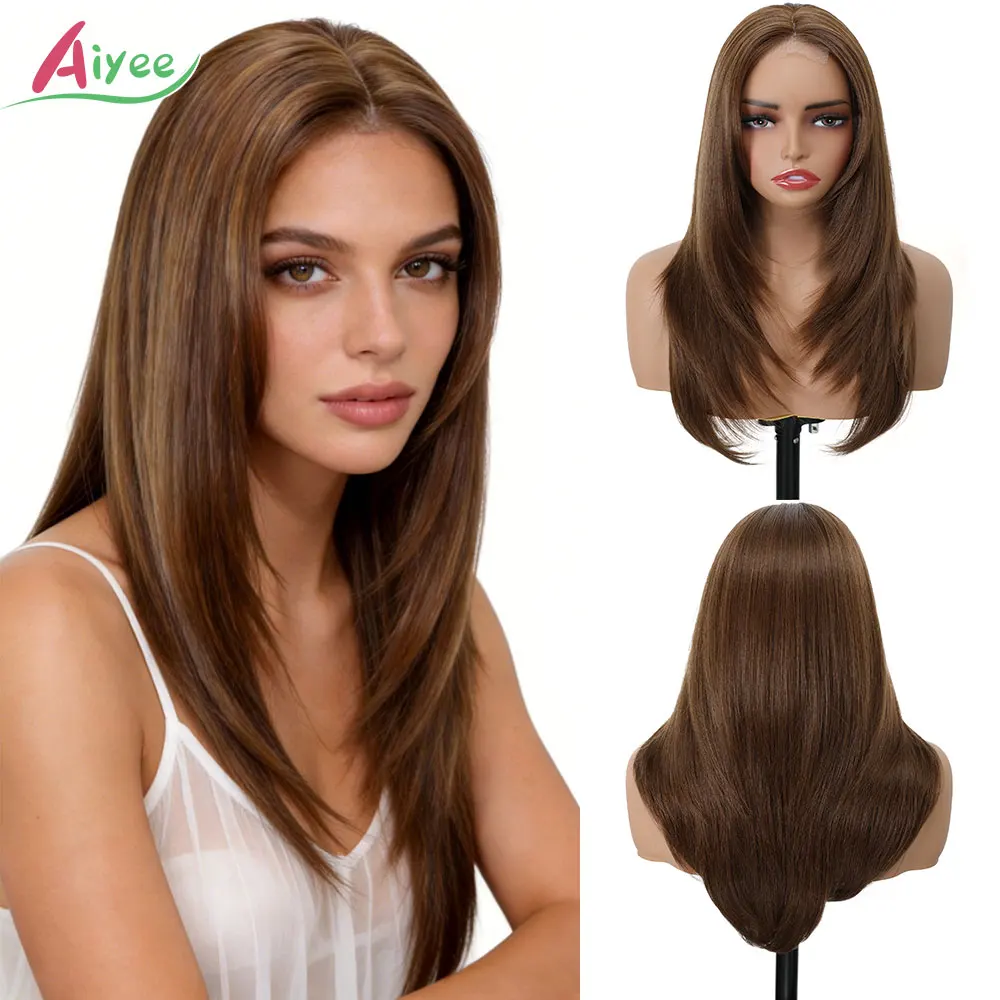 AIYEE 24 Inch Straight Lace Front Wig Synthetic Hair Natural Looking Cosplay Hairpiece For Women Medium Brown With Highlights