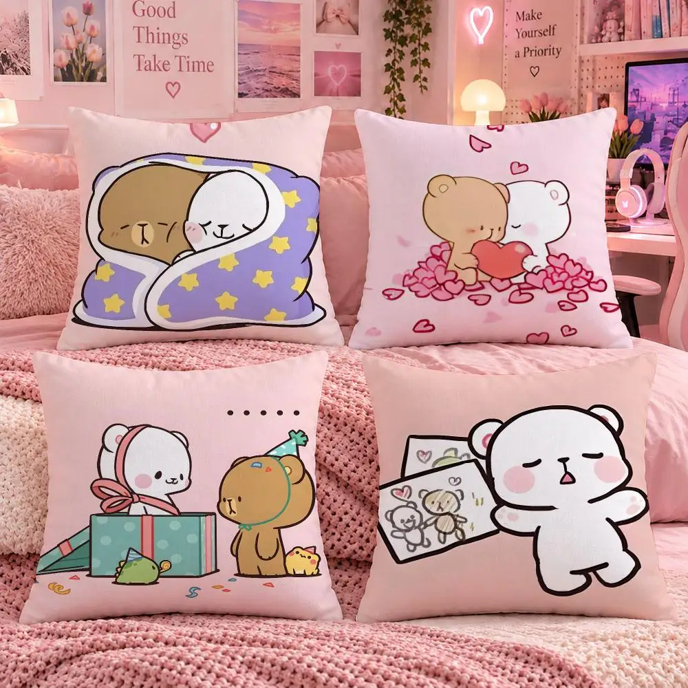 Cartoon Cute Kids M-Milk Mocha Bear Cushion Cover Double Sided Print Short Plush Pillow Sofa Bedroom Dorm Room Decor Gift