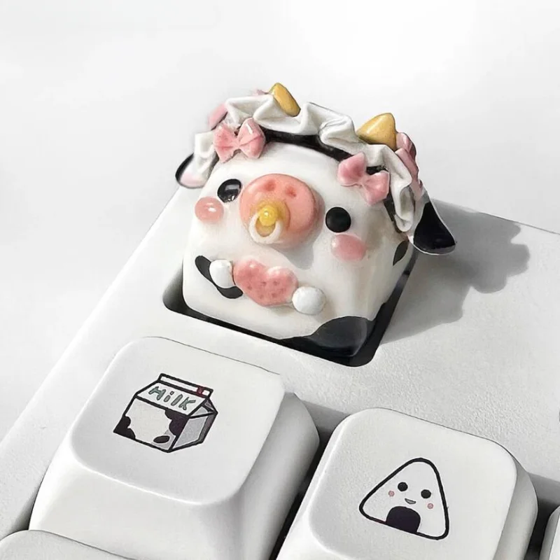 MiFuny Cute Cookie House Keycaps Maid Cow Custom Clay Artisan Keyboard Caps for Mechanical Keyboard Gaming Accessories GIrl Gift