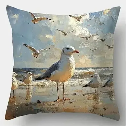 【Coastal Vibe】Seagull Beach Pattern Pillow Cover, Multi-Scene Use, Pillowcase for Sofa, Bedroom & Car