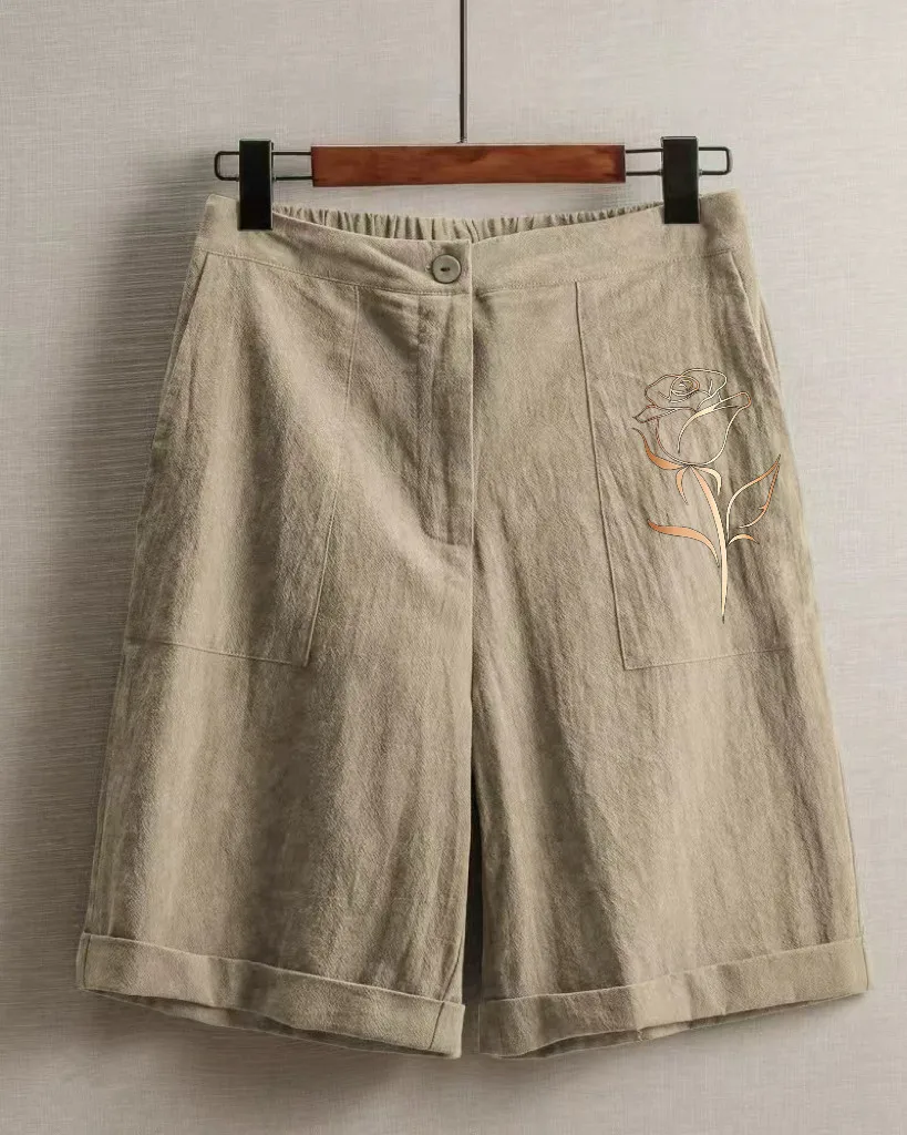 Summer New Comfortable Women's High Waist Cotton Linen Printed Shorts Casual Loose Style Summer Knee-length Button Shorts