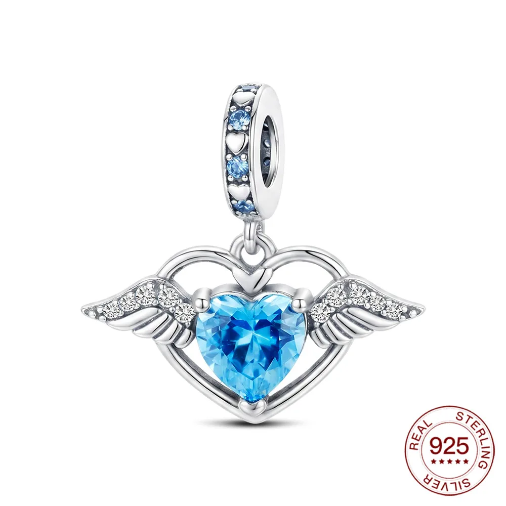

New 925 Sterling Silver Charms Wedding Sth Blue Heart Wing Pendant Jewelry Making For Original Bracelet Ladies Jewelry DIY Gifts