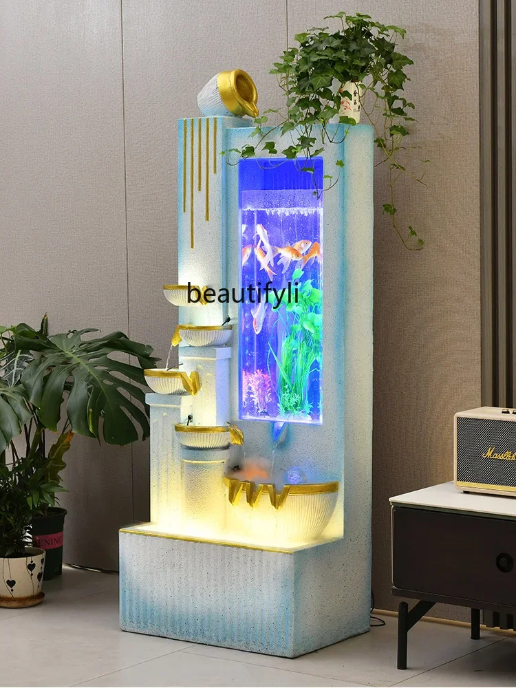 Luxury Water Curtain Wall Flowing Water Landscape Living Room Fish Tank Decoration Entrance Partition Floor-Standing Decorations