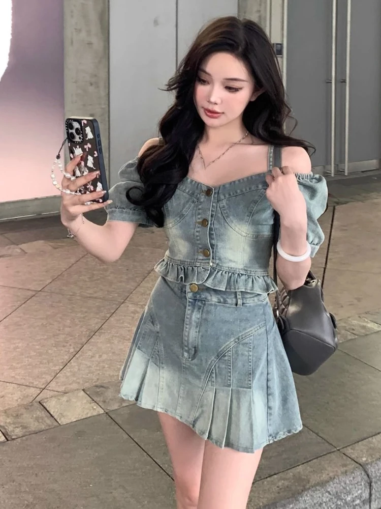 American Vintaeg Denim Matching Sets Slash Neck Short Sleeve Ruffles Crop Tops Pleated High Waist Mini Skirts Women Clothing Y2k