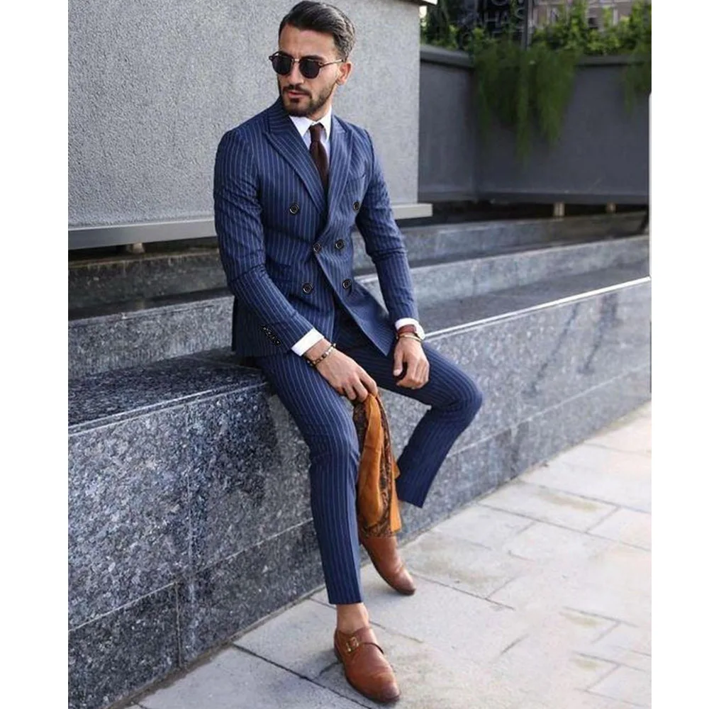 Men\'s Suit Blue Luxury Full Set Peak Lapel Double Breasted Costume Homme Slim Fit High Street 2 Pcs Jacket Pants  010B