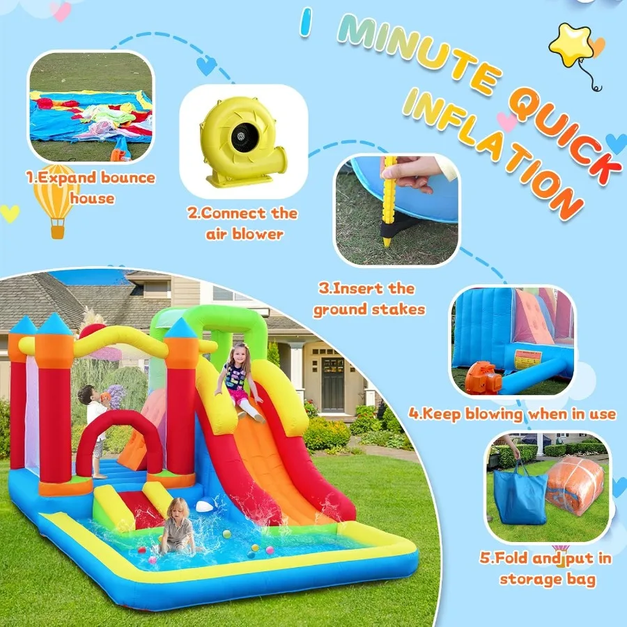 Maison de rebond 6 en 1 avec toboggan mural d'escalade et château gonflable gonflable avec souffleur et cerceau de basket-ball pour jardin P