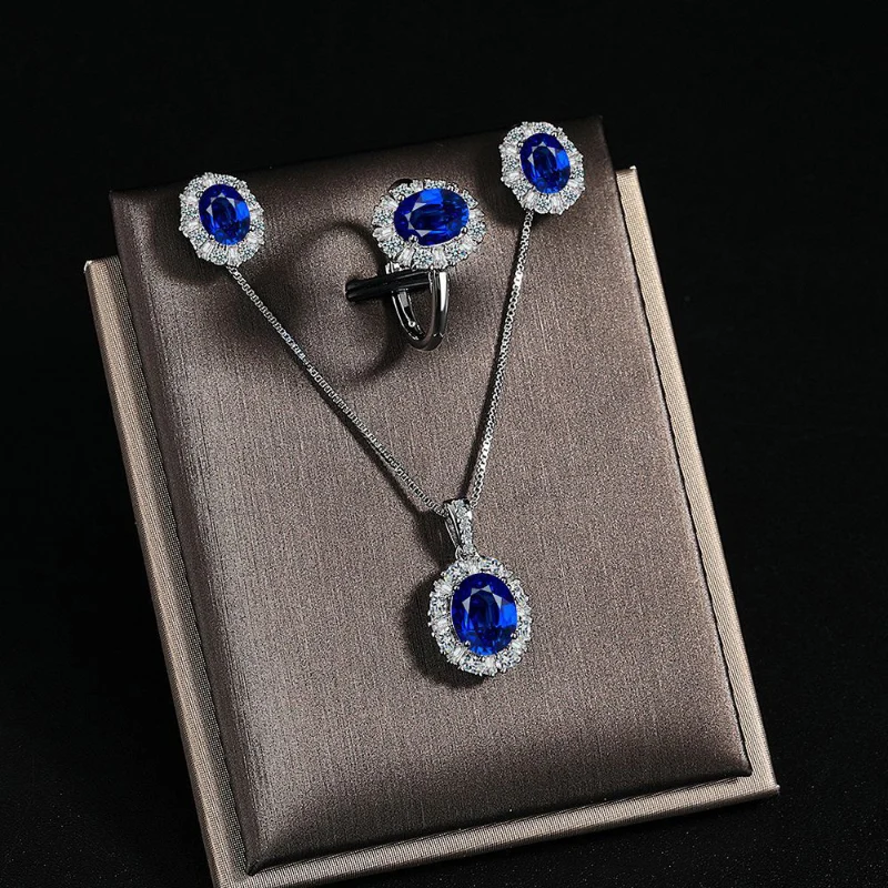 

Europe and American Classic 925 Silver Jewelry Set Blue Crystal Ring Earnail Pendant For Women Exquisite Gift KOFSAC