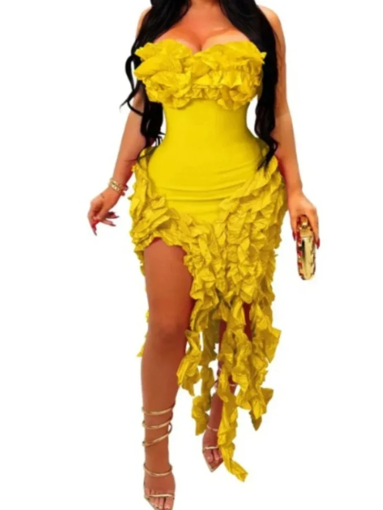 Women Strapless Ruffles Tassel Splicing Irregular Birthday Bodycon long Maxi Dress 2025 Even Sexy Party Dresses Vestidos