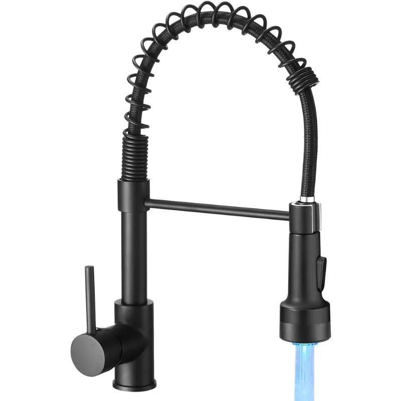 

OWOFAN Kitchen Faucet with Sprayer Single Handle Pull Down Sprayer Spring Matte Black Kitchen Sink Faucet with LED Light 9005R