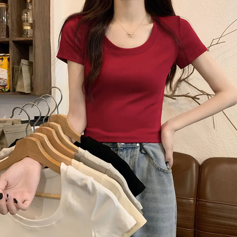 Pants Real Shot Cost-Effective Wine Red Off-Shoulder -Sleeved T-Shirt For Women Short Summer Slim Fit Low Round Neck Should