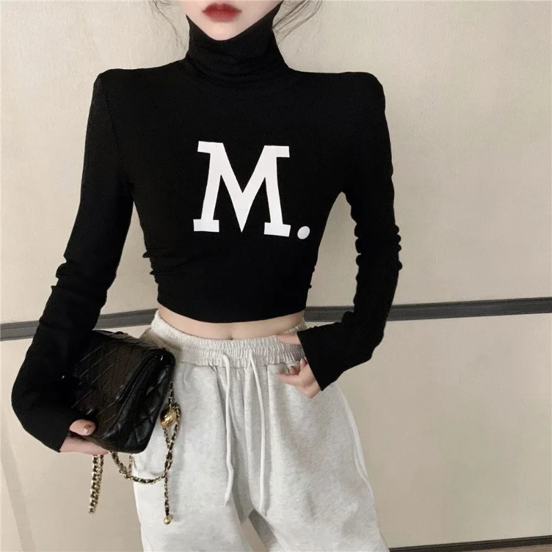 Koreańskie Slim Printing Letter Tops Tees Spring New Long Sleeve Simplicity Solid Color Trend T Shirts Fashion Y2K Odzież damska