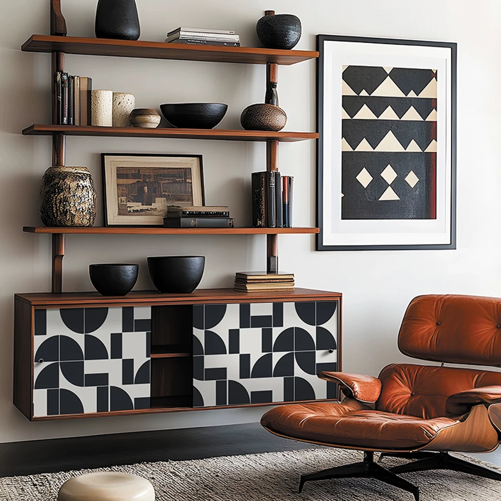Vintage Geometric Wallpaper in Black and White Palette Mid Century Modern Retro , PVC Wall Paper for Stylish Home Decoration