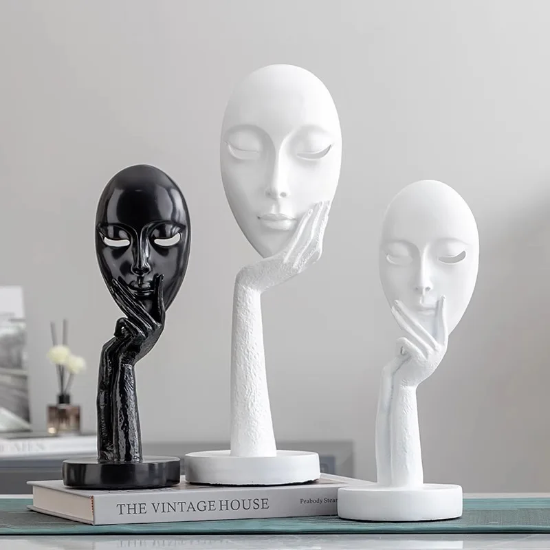 

39cm Black White Face Meditators Figurines Resin Portrait Masks Abstract Sculpture Handmade Statue Figure Model Home Decorations
