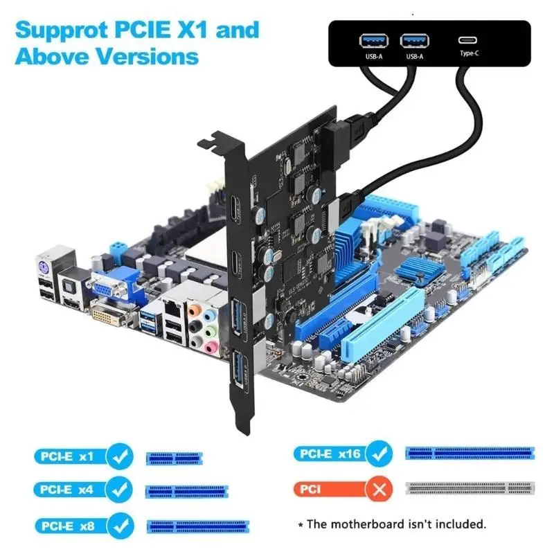 652F 6 Port USB PCIE Card Adapter 2x USB C 2x USB A USB PCIE Card Front Panel Mount Adapter for Desktop Host Card