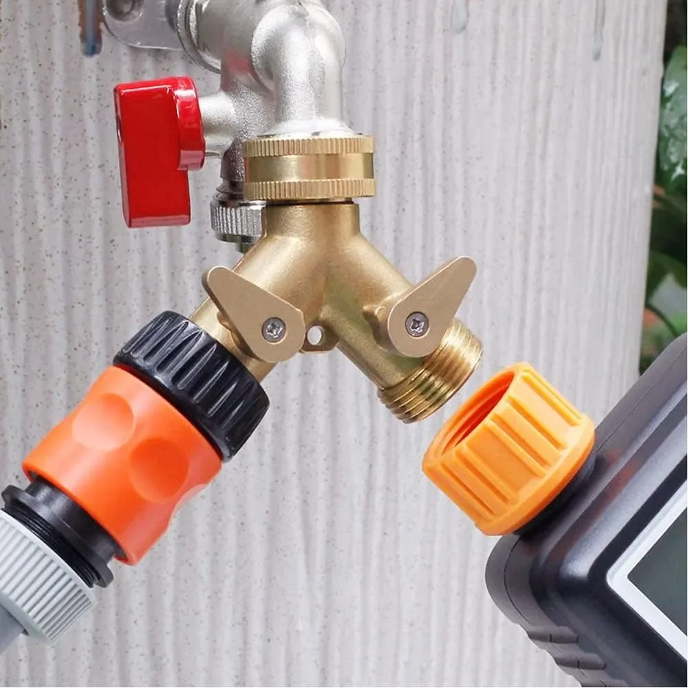 2-way Faucet Connector, Solid Brass Double Hose Connector for Outdoor Faucets, with 2 X 3/4 Inch Brass Faucet Connections