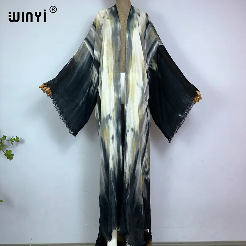 WINYI kimono nowy boho plaża lato tie-dye Bikini we wzory cover-up sexy vestidos para playa strój kąpielowy z długim rękawem kobieta kaftan