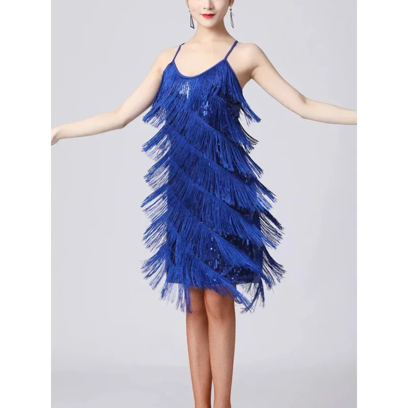 2025 11 فستان لاتيني للنساء قاعة الرقص زي ترتر مهدب تانجو رومبا الفلامنكو سامبا تشا أسود أحمر أزرق شرابة