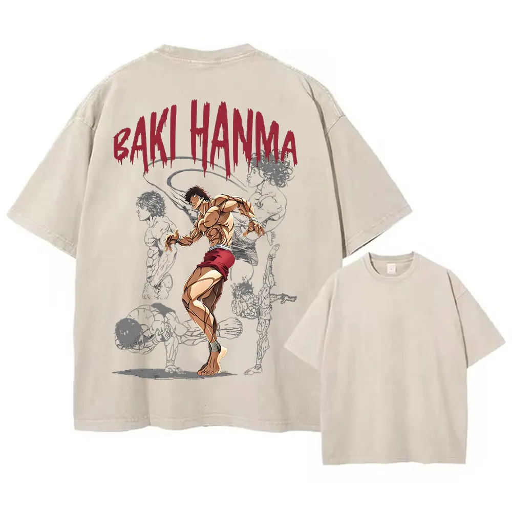 أنيمي باكي هاما مطبوعة غسلها تي شيرت الرجال 100% القطن ريترو Harajuku خمر Y2k الهيب البوب الشارع نمط تيز الصيف للجنسين #5