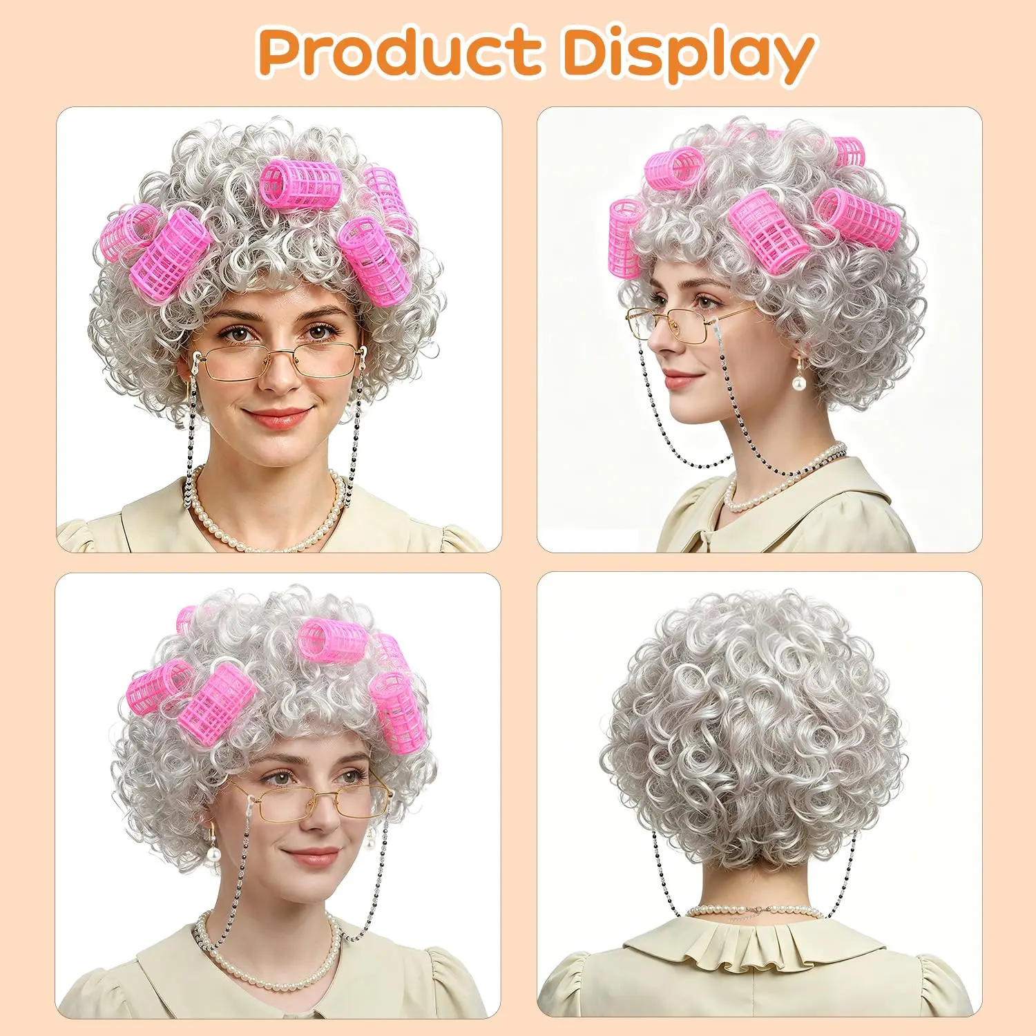 Old Lady Wig Costume for Women, 5 PCS Kids 100 Days of School Grandma Wig Costume Halloween Girls Adults Cosplay Accessories Set 2