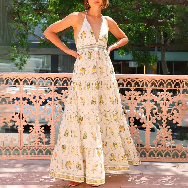 

French beautiful long dress, sexy printing suspender, backless, slim and thin dress, fashionable simple luxury temperament, eleg
